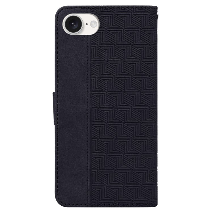 For iPhone 16e Leather Wallet Case Geometry Imprint Phone Cover - Black
