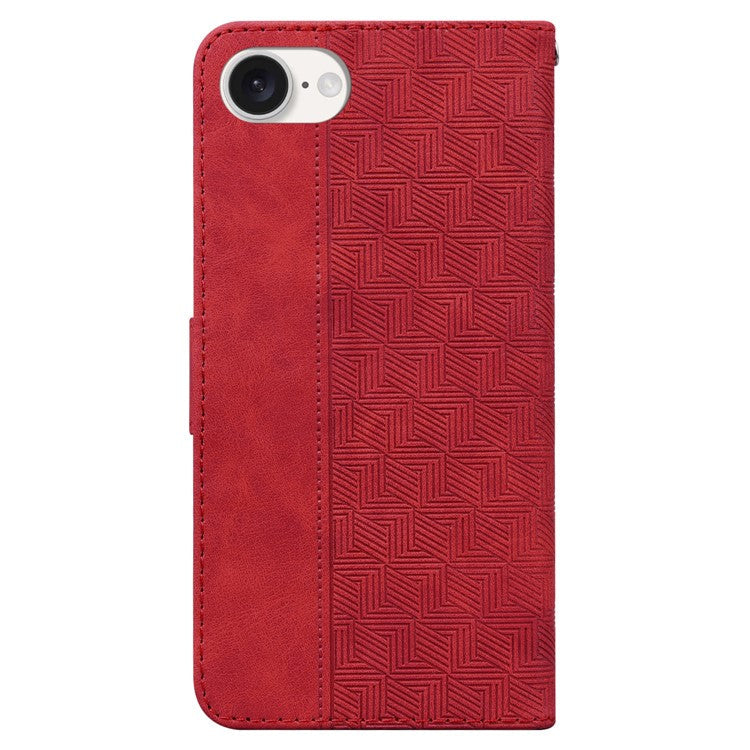 For iPhone 16e Leather Wallet Case Geometry Imprint Phone Cover - Red