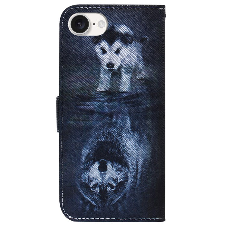 For iPhone 16e Wallet Phone Case Pattern Print Anti-Drop PU Leather Flip Cover - Dog and Wolf