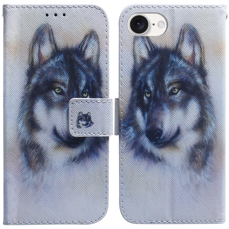 For iPhone 16e Wallet Phone Case Pattern Print Anti-Drop PU Leather Flip Cover - Wolf