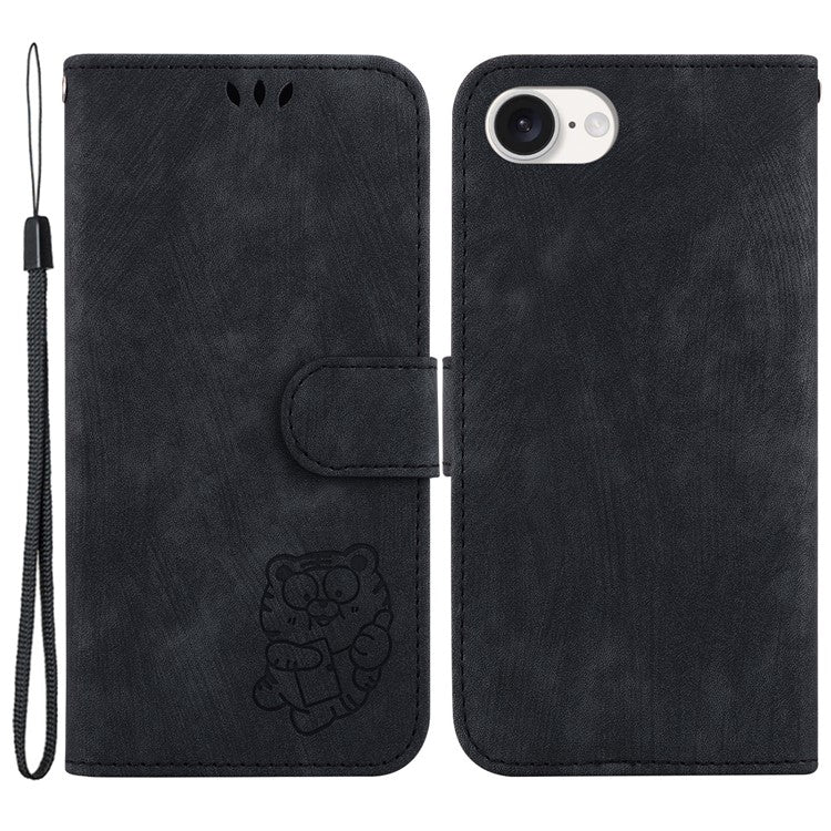 For iPhone 16e Case Wallet PU Leather Flip Phone Stand Cover with Imprinted Tiger Pattern - Black