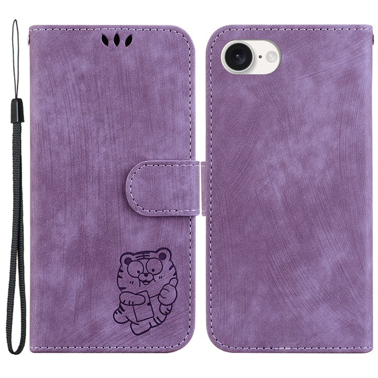 For iPhone 16e Case Wallet PU Leather Flip Phone Stand Cover with Imprinted Tiger Pattern - Purple