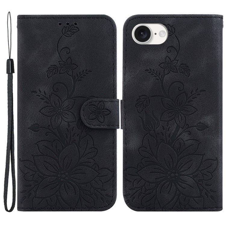 For iPhone 16e Cell Phone Cases Floral Imprinted PU Leather Flip Protective Cover - Black