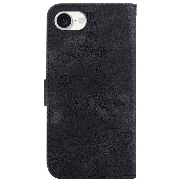 For iPhone 16e Cell Phone Cases Floral Imprinted PU Leather Flip Protective Cover - Black