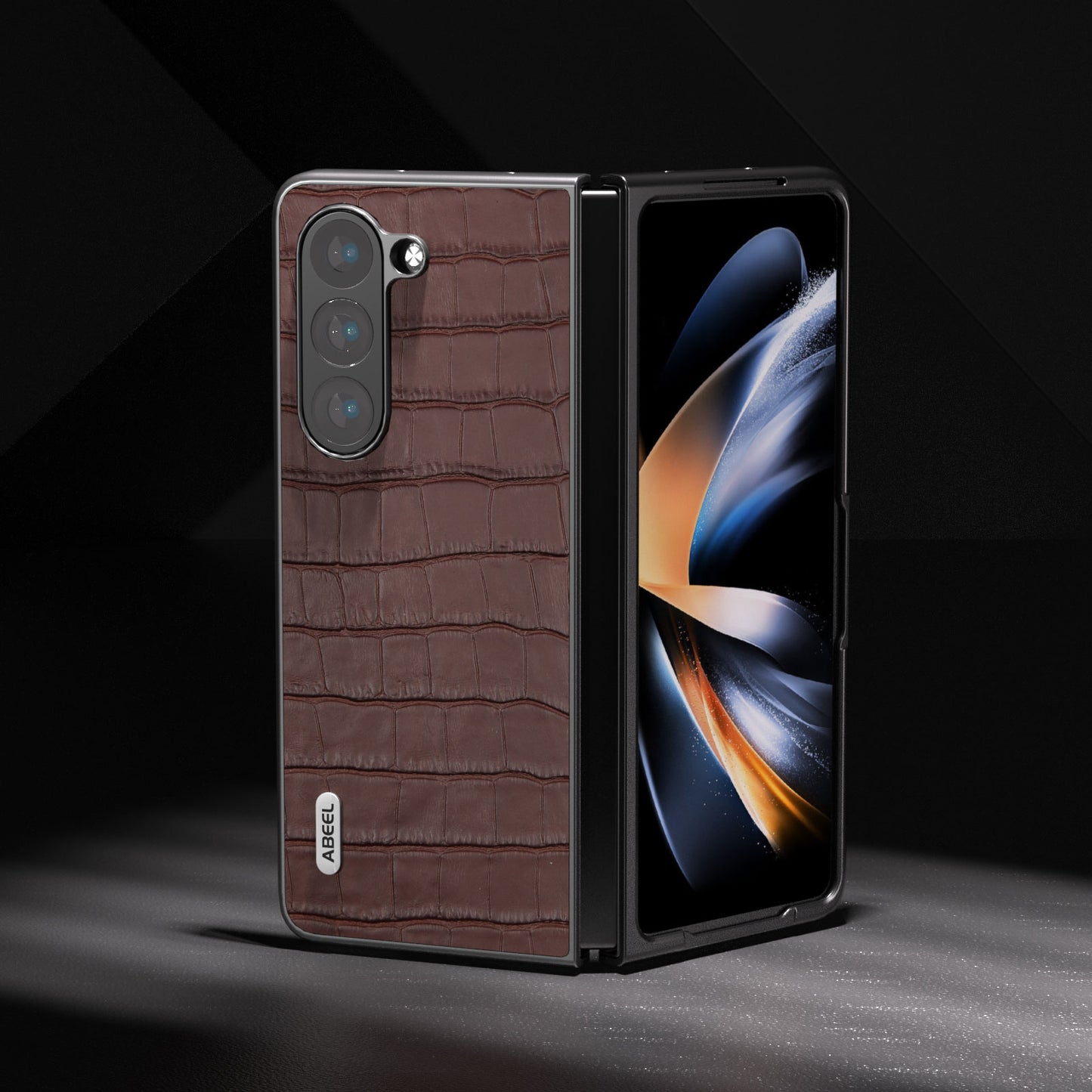 ABEEL For Samsung Galaxy Z Fold6 5G Case Crocodile Texture Genuine Cow Leather+PC Phone Cover - Brown