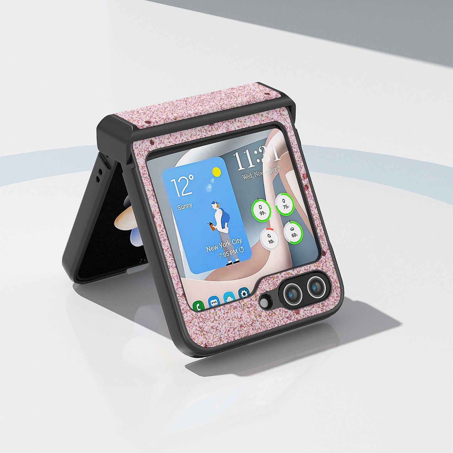 ABEEL For Samsung Galaxy Z Flip6 5G Case PU Leather+PC Glitter Phone Cover with Hinge Design - Pink