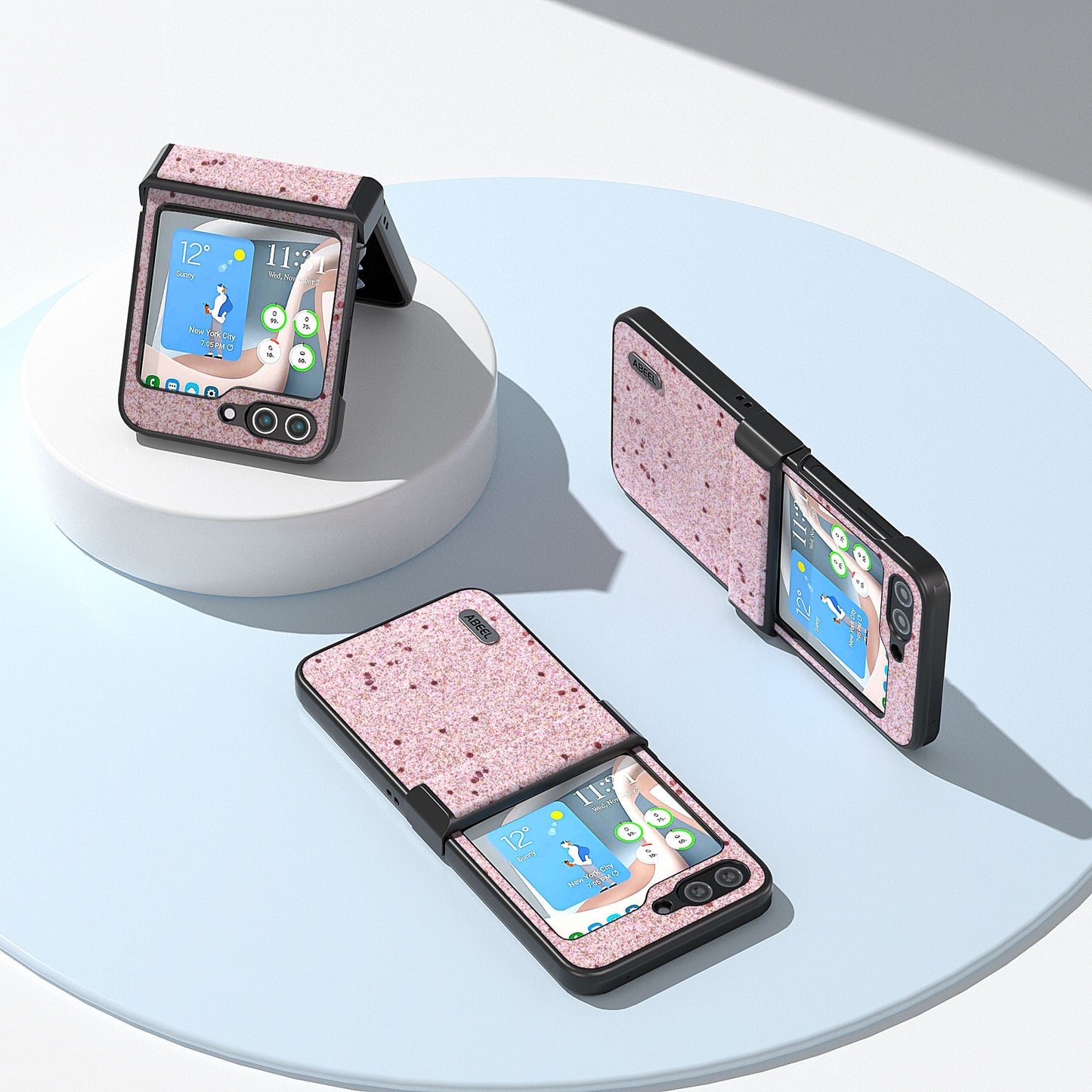 ABEEL For Samsung Galaxy Z Flip6 5G Case PU Leather+PC Glitter Phone Cover with Hinge Design - Pink