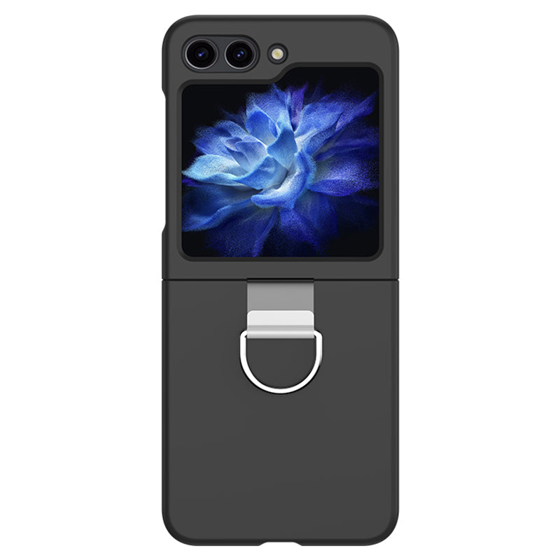 For Samsung Galaxy Z Flip6 5G Hard PC Case Metal Ring Holder Anti-Slip Skin-Touch Phone Cover - Black
