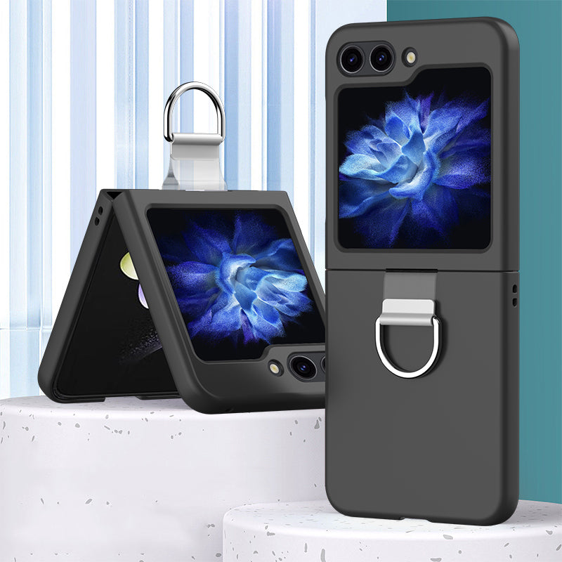 For Samsung Galaxy Z Flip6 5G Hard PC Case Metal Ring Holder Anti-Slip Skin-Touch Phone Cover - Black