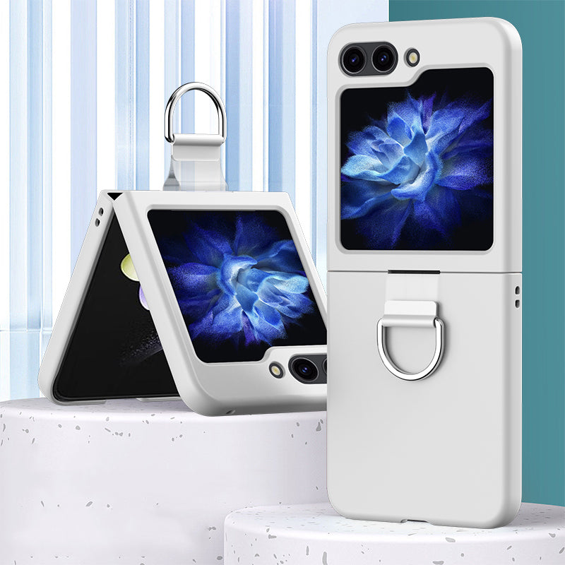 For Samsung Galaxy Z Flip6 5G Hard PC Case Metal Ring Holder Anti-Slip Skin-Touch Phone Cover - White