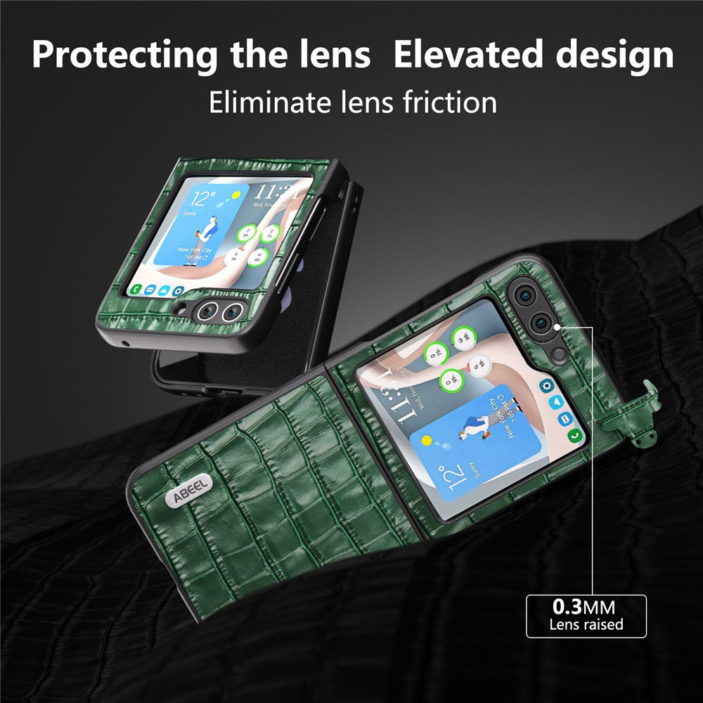 ABEEL For Samsung Galaxy Z Flip7 FE 5G / Z Flip6 5G Genuine Cow Leather+PC Phone Cover Crocodile Texture Anti-Drop Case - Green