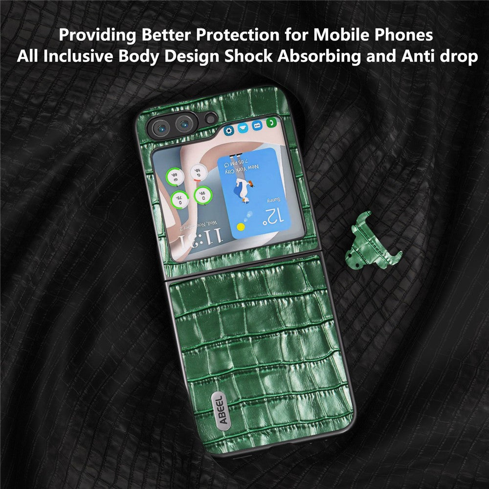 ABEEL For Samsung Galaxy Z Flip7 FE 5G / Z Flip6 5G Genuine Cow Leather+PC Phone Cover Crocodile Texture Anti-Drop Case - Green