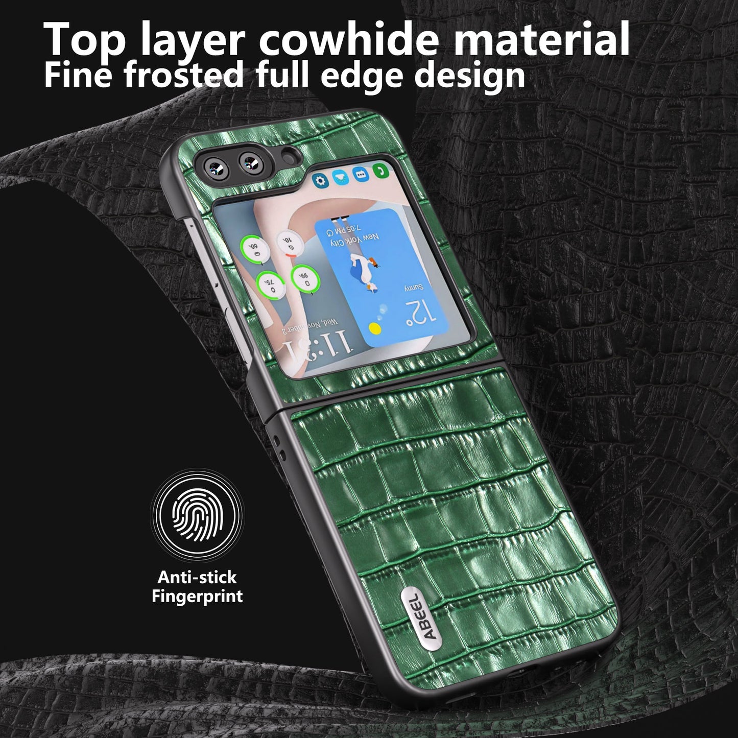 ABEEL For Samsung Galaxy Z Flip6 5G Genuine Cow Leather+PC Phone Cover Crocodile Texture Anti-Drop Case - Green