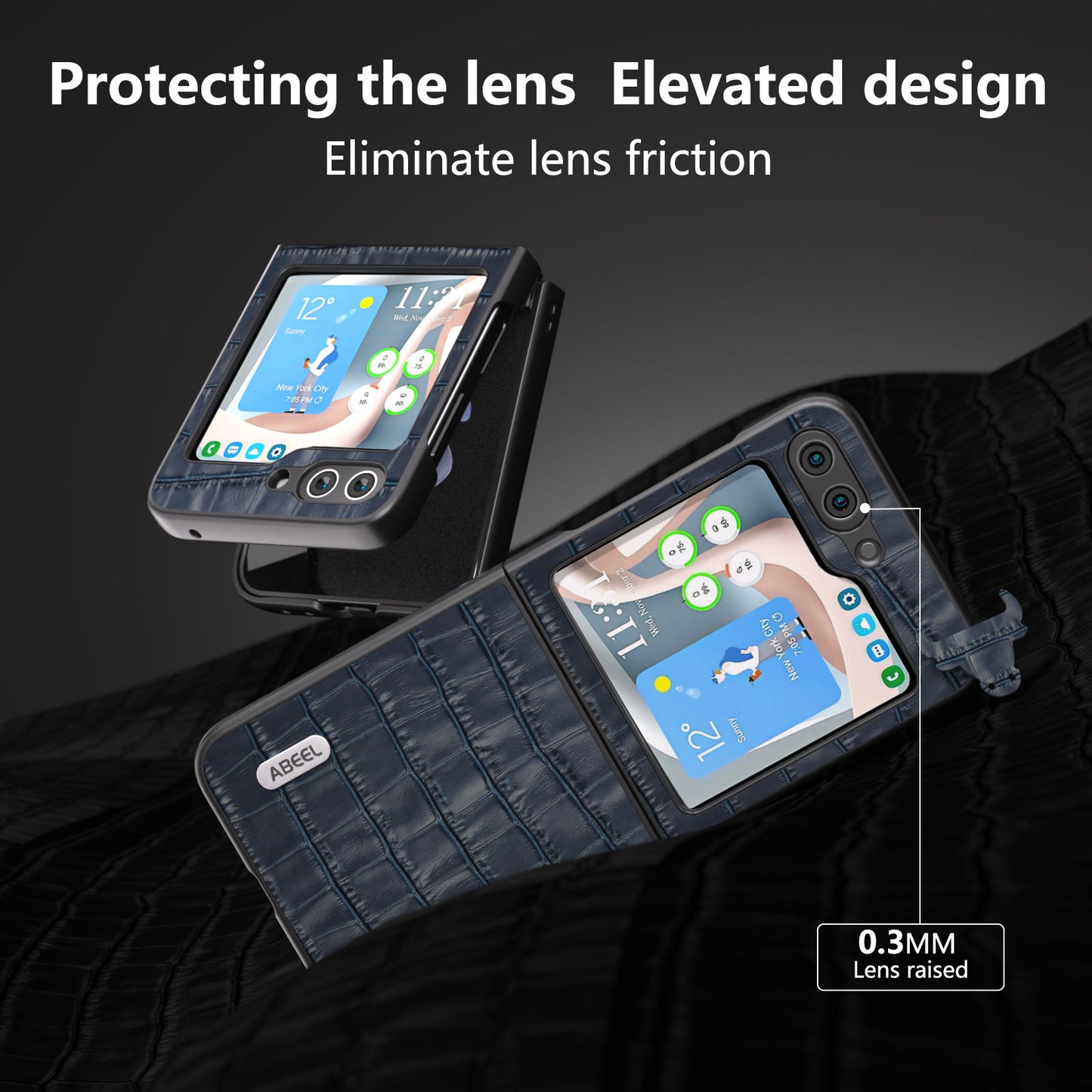 ABEEL For Samsung Galaxy Z Flip6 5G Genuine Cow Leather+PC Phone Cover Crocodile Texture Anti-drop Case - Blue