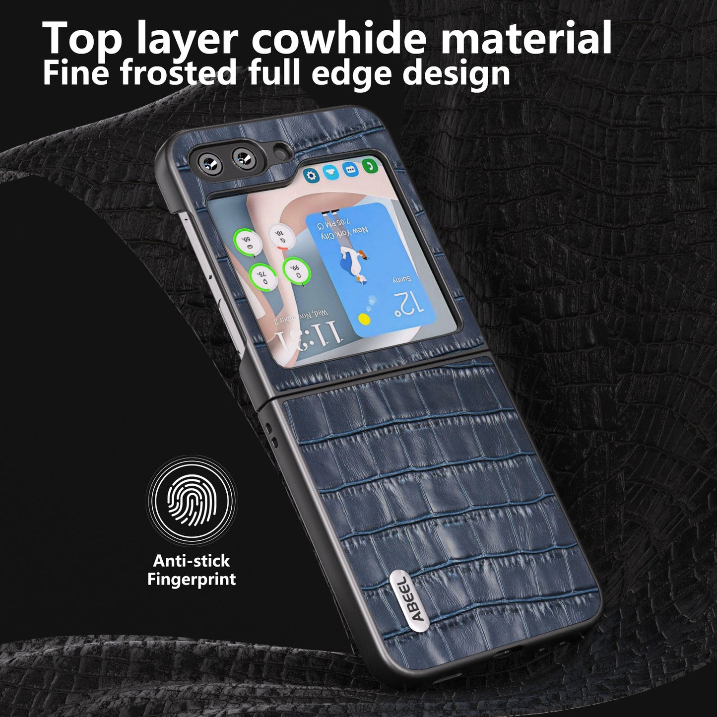 ABEEL For Samsung Galaxy Z Flip6 5G Genuine Cow Leather+PC Phone Cover Crocodile Texture Anti-drop Case - Blue