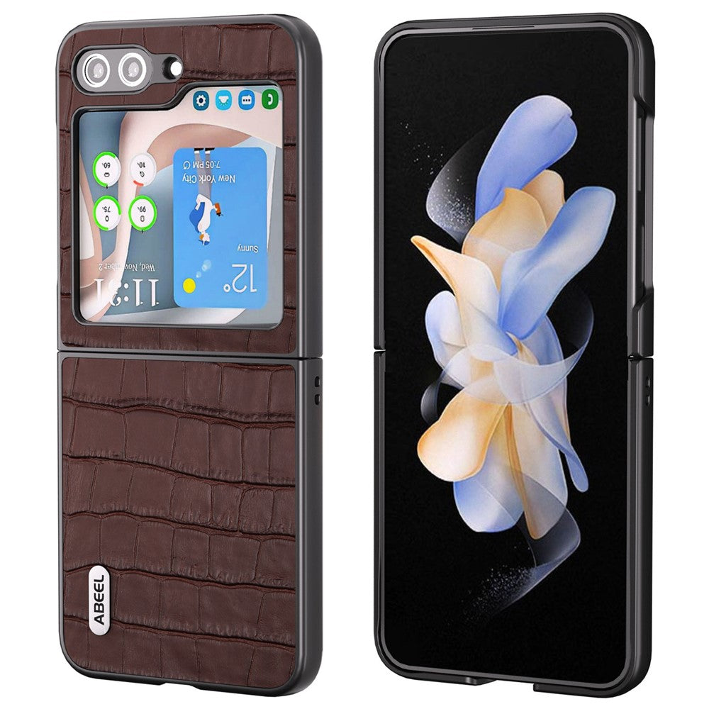ABEEL For Samsung Galaxy Z Flip7 FE 5G / Z Flip6 5G Genuine Cow Leather+PC Phone Cover Crocodile Texture Anti-drop Case - Brown