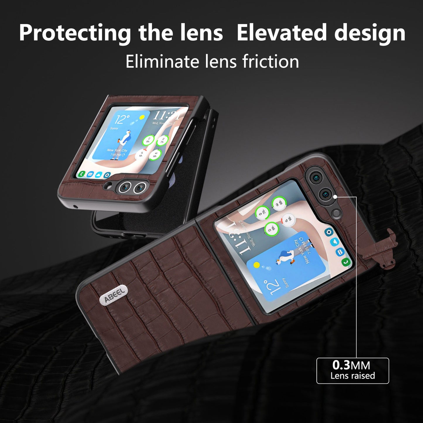 ABEEL For Samsung Galaxy Z Flip6 5G Genuine Cow Leather+PC Phone Cover Crocodile Texture Anti-drop Case - Brown