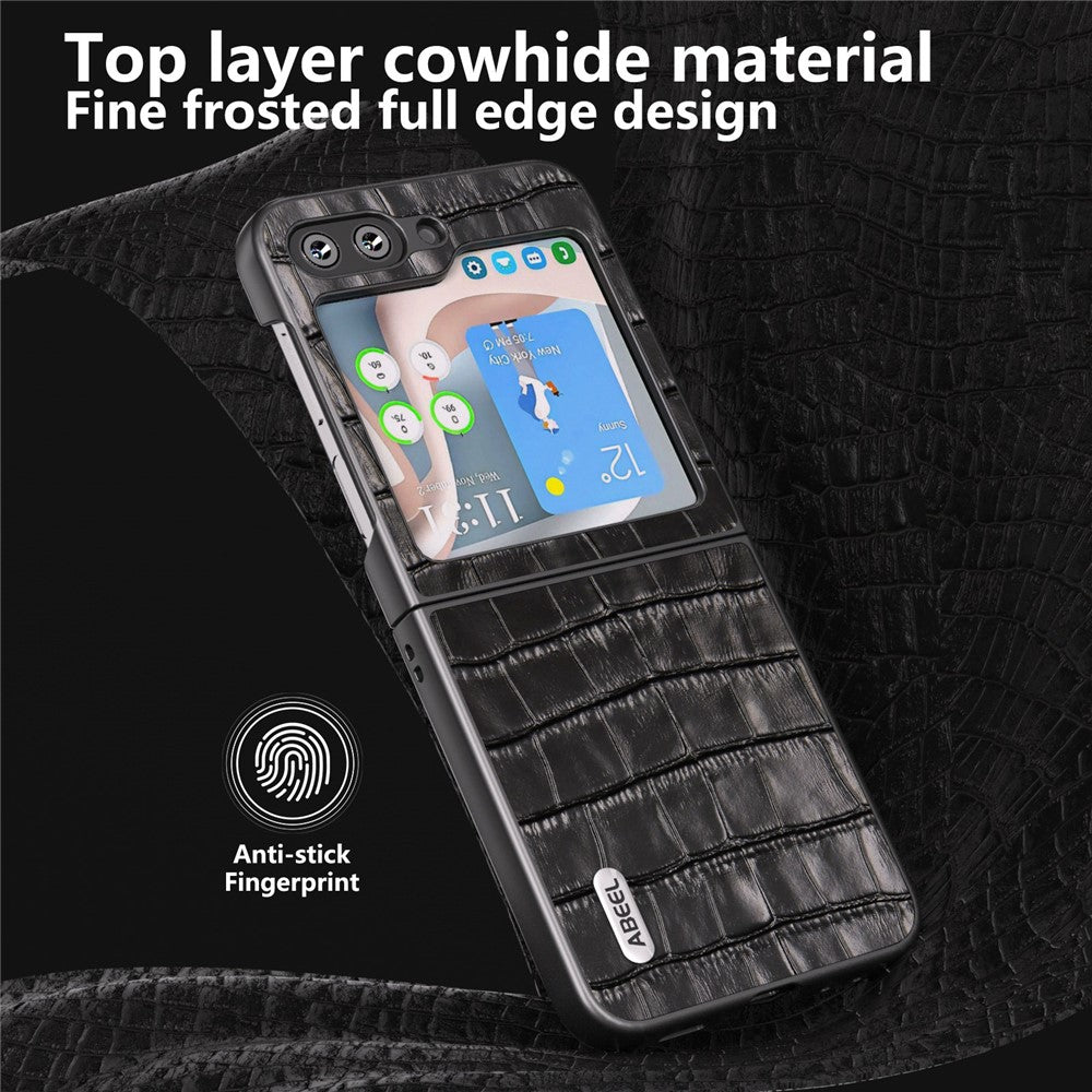 ABEEL For Samsung Galaxy Z Flip7 FE 5G / Z Flip6 5G Genuine Cow Leather+PC Phone Cover Crocodile Texture Anti-drop Case - Black