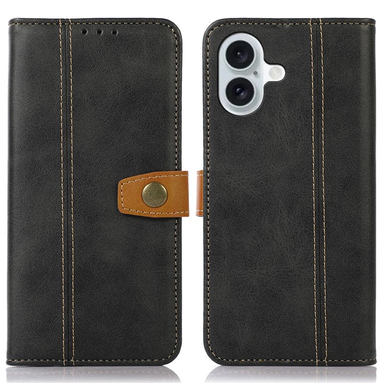 For iPhone 16 Plus Case Calf Texture Leather Stand Card Slots Phone Cover - Black