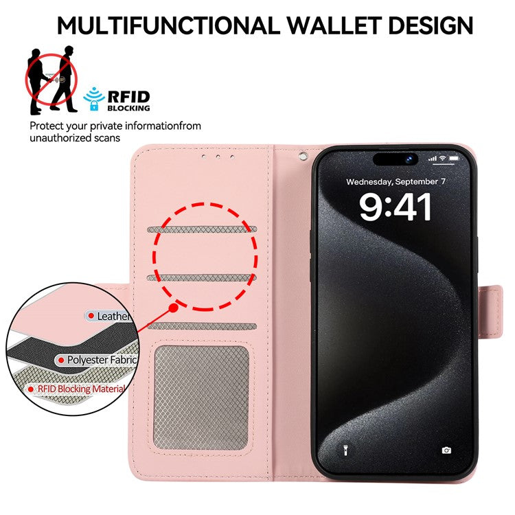 ABEEL For iPhone 16 Stand Case RFID Blocking Leather Wallet Phone Cover - Pink