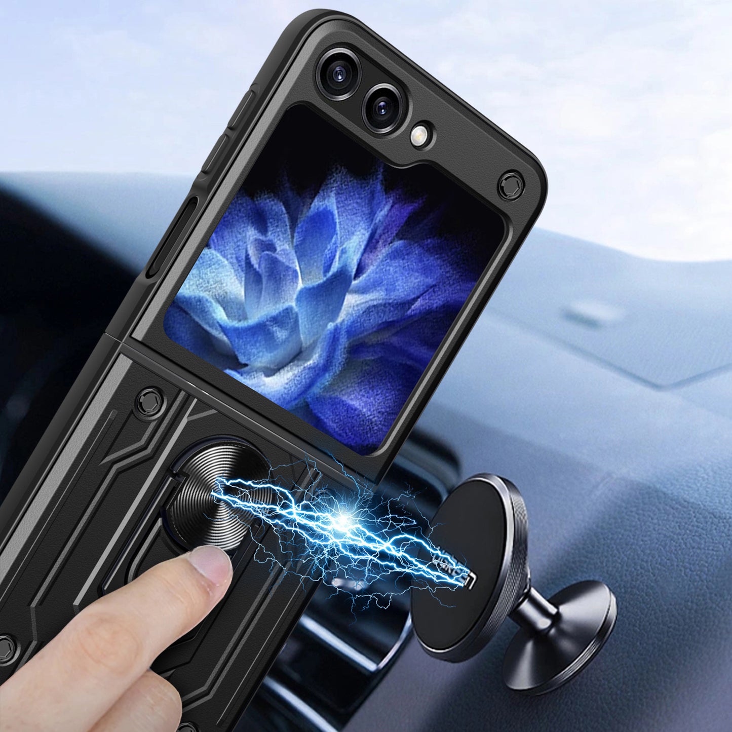 For Samsung Galaxy Z Flip6 5G Case PC+TPU Kickstand Magnetic Car Mount Phone Cover - Black
