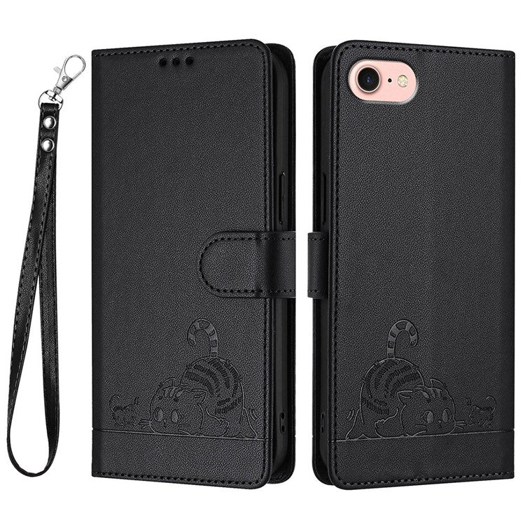 YB Imprinting Series-9 for iPhone SE (2025) Case Cat Mouse Pattern RFID Blocking Leather Cover - Black