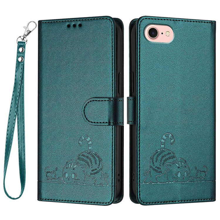 YB Imprinting Series-9 for iPhone SE (2025) Case Cat Mouse Pattern RFID Blocking Leather Cover - Dark Green