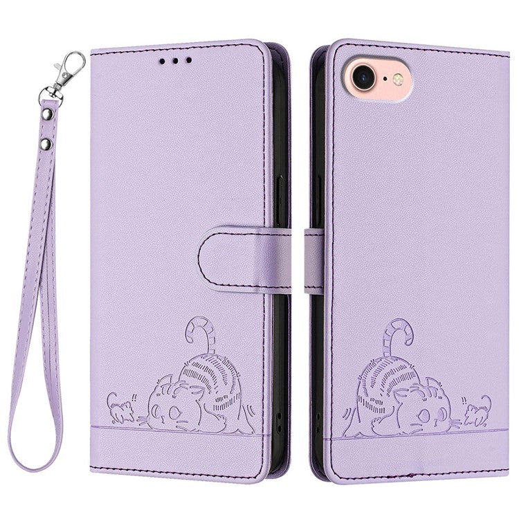 YB Imprinting Series-9 for iPhone SE (2025) Case Cat Mouse Pattern RFID Blocking Leather Cover - Purple