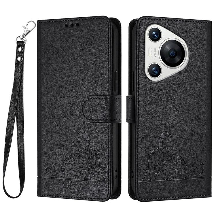 YB Imprinting Series-9 for Huawei Pura 70 Case Card Slots RFID Blocking Cat Mouse Pattern Leather Phone Cover - Black