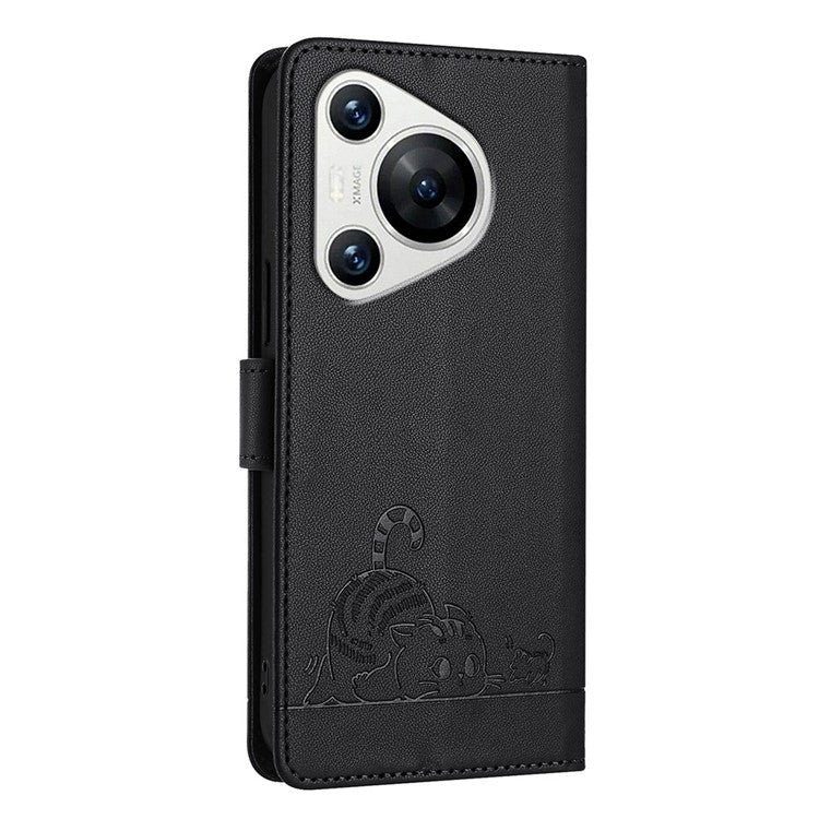 YB Imprinting Series-9 for Huawei Pura 70 Case Card Slots RFID Blocking Cat Mouse Pattern Leather Phone Cover - Black