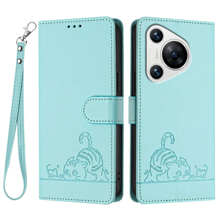 YB Imprinting Series-9 for Huawei Pura 70 Case Card Slots RFID Blocking Cat Mouse Pattern Leather Phone Cover - Mint Green