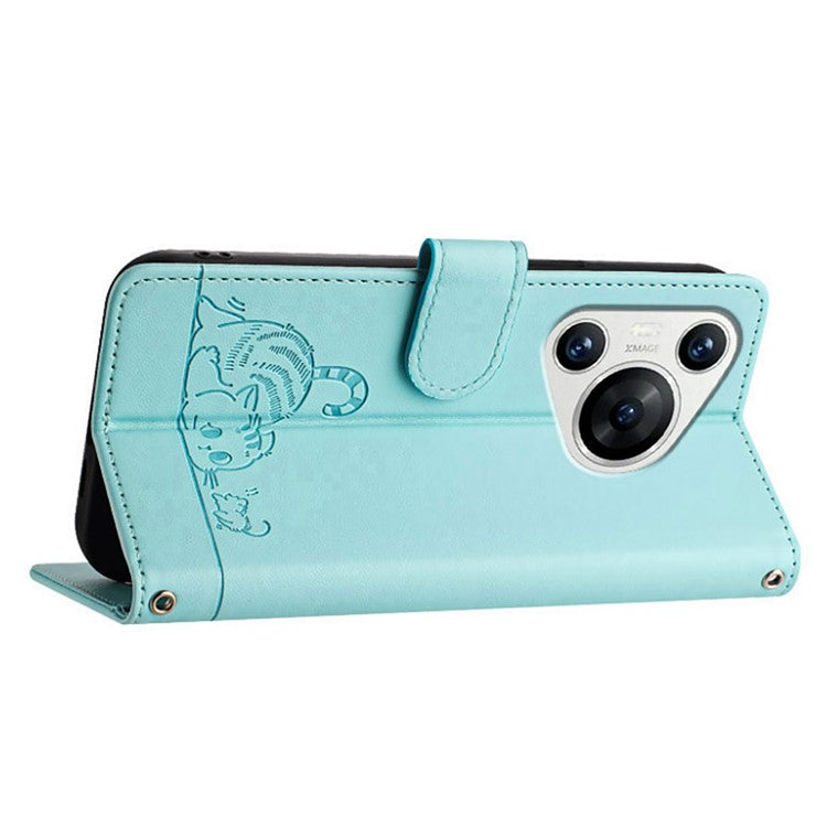 YB Imprinting Series-9 for Huawei Pura 70 Case Card Slots RFID Blocking Cat Mouse Pattern Leather Phone Cover - Mint Green