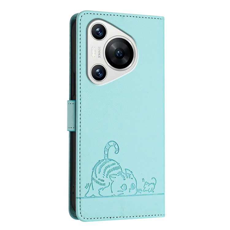 YB Imprinting Series-9 for Huawei Pura 70 Case Card Slots RFID Blocking Cat Mouse Pattern Leather Phone Cover - Mint Green