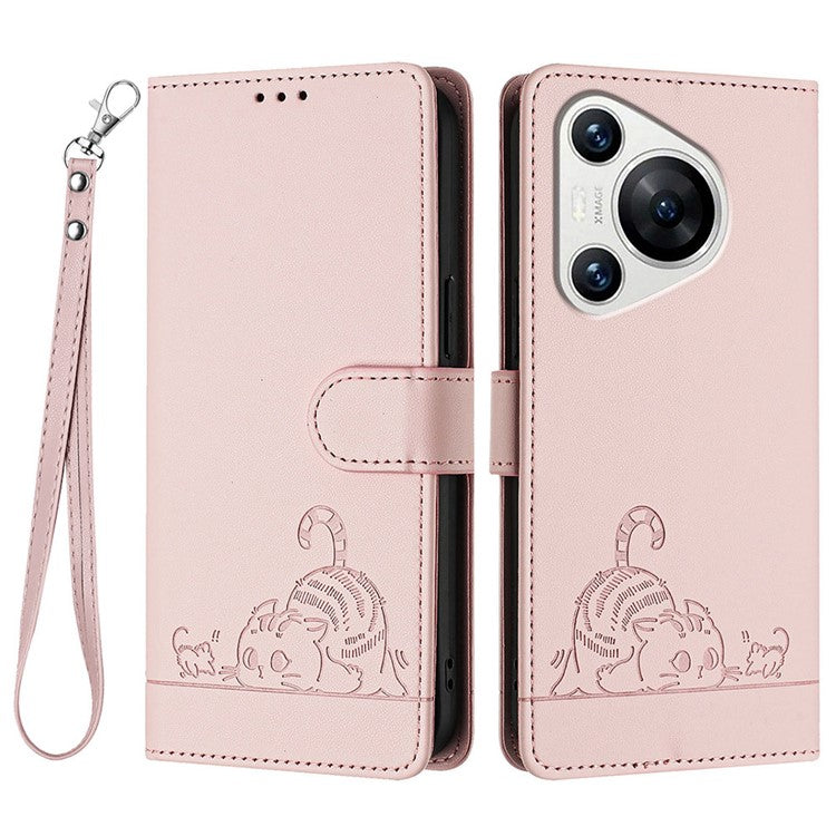 YB Imprinting Series-9 for Huawei Pura 70 Case Card Slots RFID Blocking Cat Mouse Pattern Leather Phone Cover - Pink