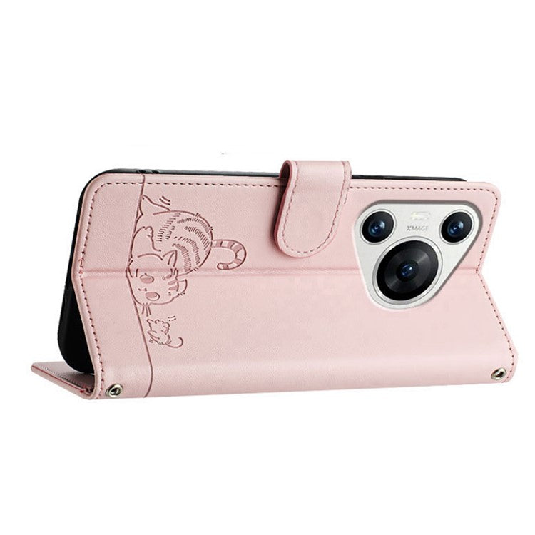YB Imprinting Series-9 for Huawei Pura 70 Case Card Slots RFID Blocking Cat Mouse Pattern Leather Phone Cover - Pink