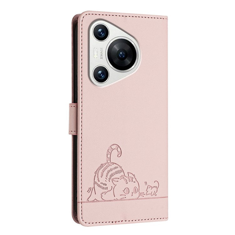 YB Imprinting Series-9 for Huawei Pura 70 Case Card Slots RFID Blocking Cat Mouse Pattern Leather Phone Cover - Pink