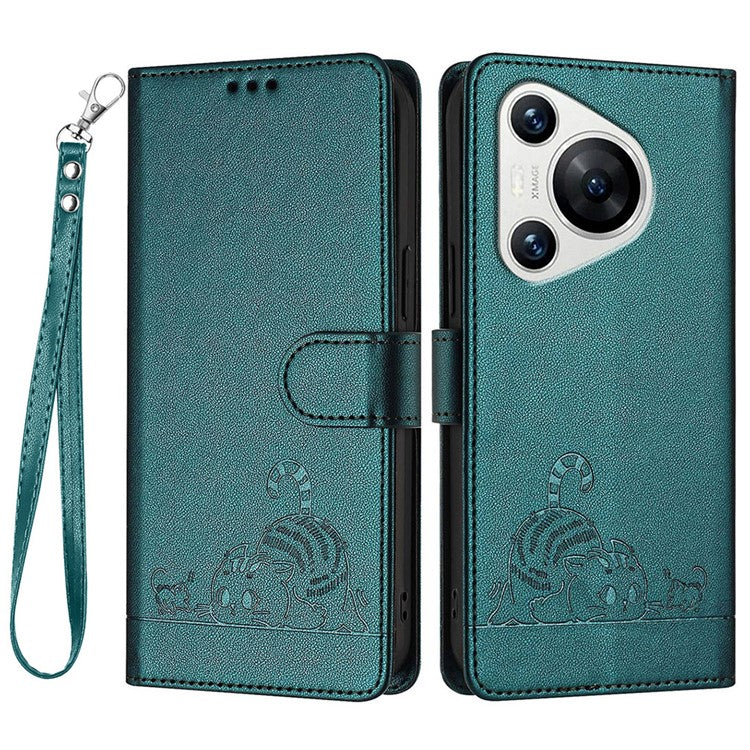 YB Imprinting Series-9 for Huawei Pura 70 Case Card Slots RFID Blocking Cat Mouse Pattern Leather Phone Cover - Dark Green