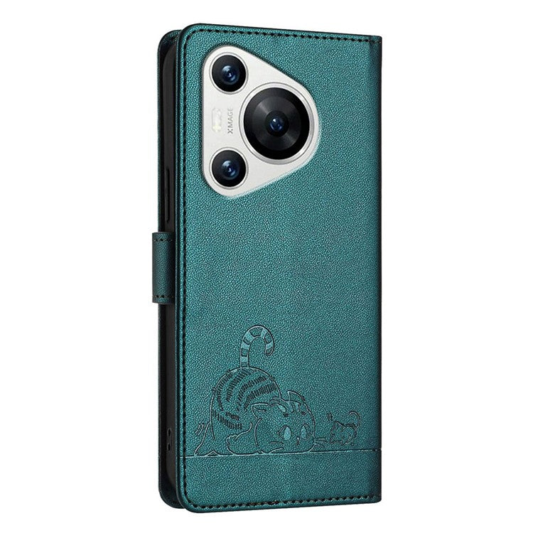 YB Imprinting Series-9 for Huawei Pura 70 Case Card Slots RFID Blocking Cat Mouse Pattern Leather Phone Cover - Dark Green