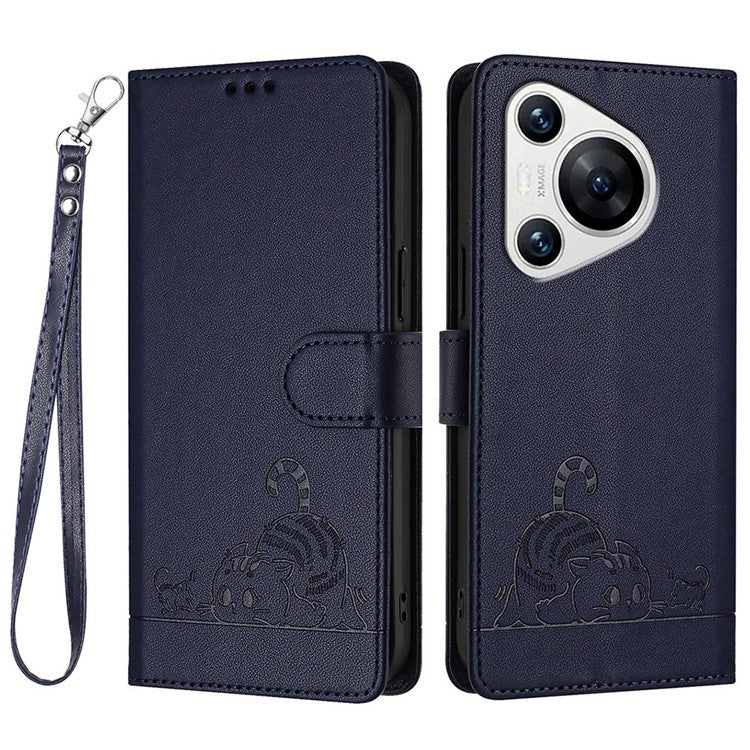 YB Imprinting Series-9 for Huawei Pura 70 Case Card Slots RFID Blocking Cat Mouse Pattern Leather Phone Cover - Sapphire