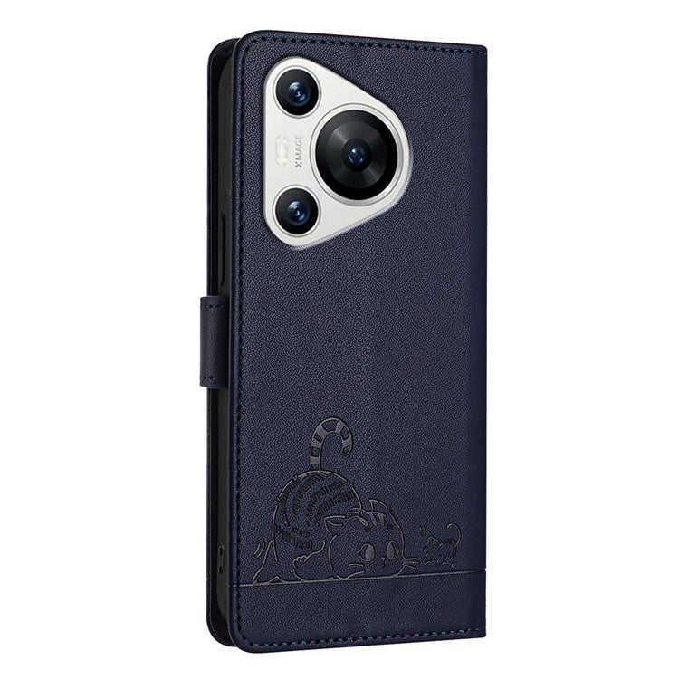 YB Imprinting Series-9 for Huawei Pura 70 Case Card Slots RFID Blocking Cat Mouse Pattern Leather Phone Cover - Sapphire