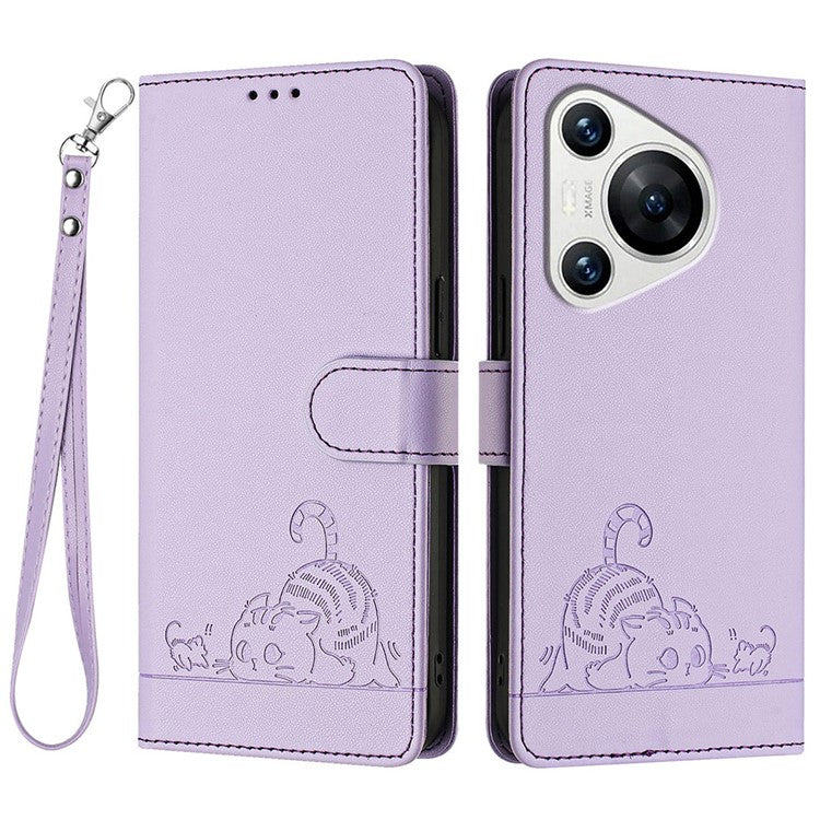 YB Imprinting Series-9 for Huawei Pura 70 Case Card Slots RFID Blocking Cat Mouse Pattern Leather Phone Cover - Purple