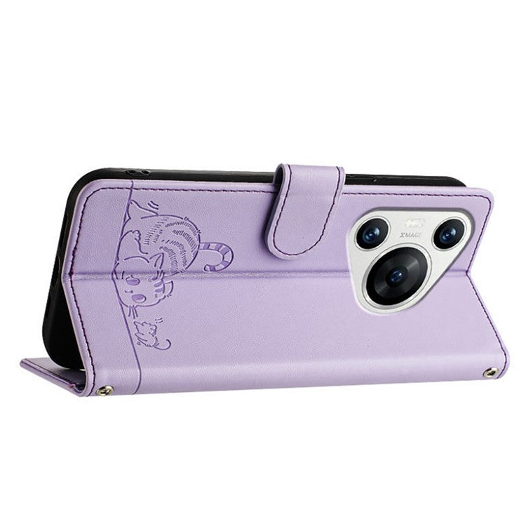 YB Imprinting Series-9 for Huawei Pura 70 Case Card Slots RFID Blocking Cat Mouse Pattern Leather Phone Cover - Purple