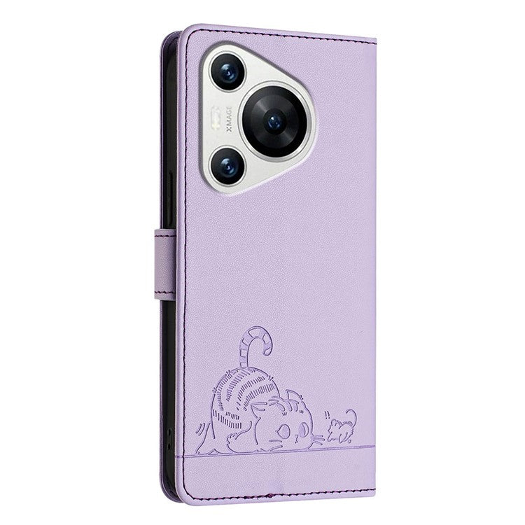YB Imprinting Series-9 for Huawei Pura 70 Case Card Slots RFID Blocking Cat Mouse Pattern Leather Phone Cover - Purple