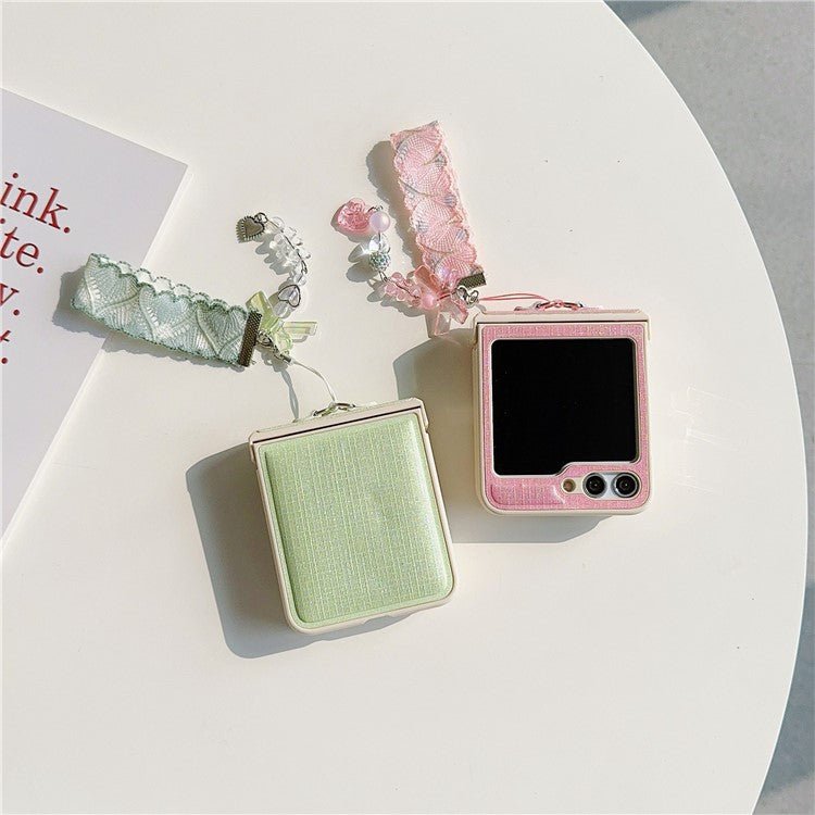 For Samsung Galaxy Z Flip5 5G Cross Texture PU Leather+PC Phone Case with Lace Beaded Pendant - Pink