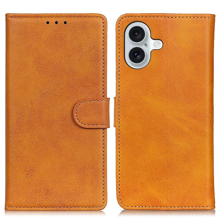 For iPhone 16 Wallet Case Cowhide Texture Anti-Scratch Leather Phone Cover - Brown