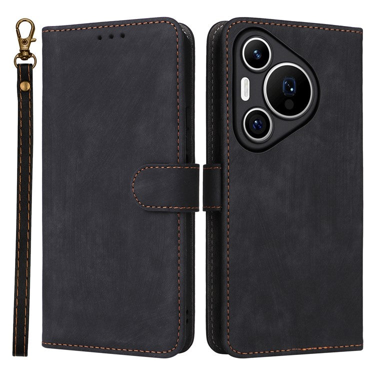 For Huawei Pura 70 Wallet Case RFID Blocking Leather Phone Cover with Strap - Black
