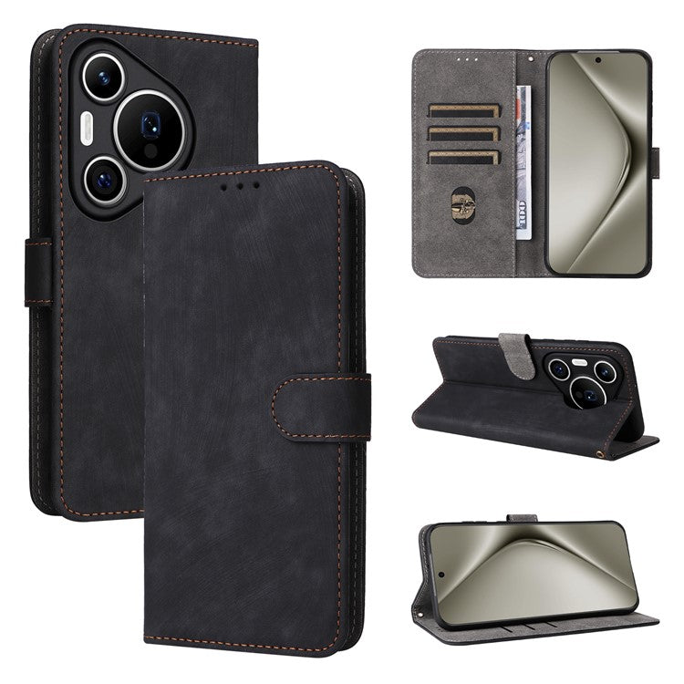 For Huawei Pura 70 Wallet Case RFID Blocking Leather Phone Cover with Strap - Black