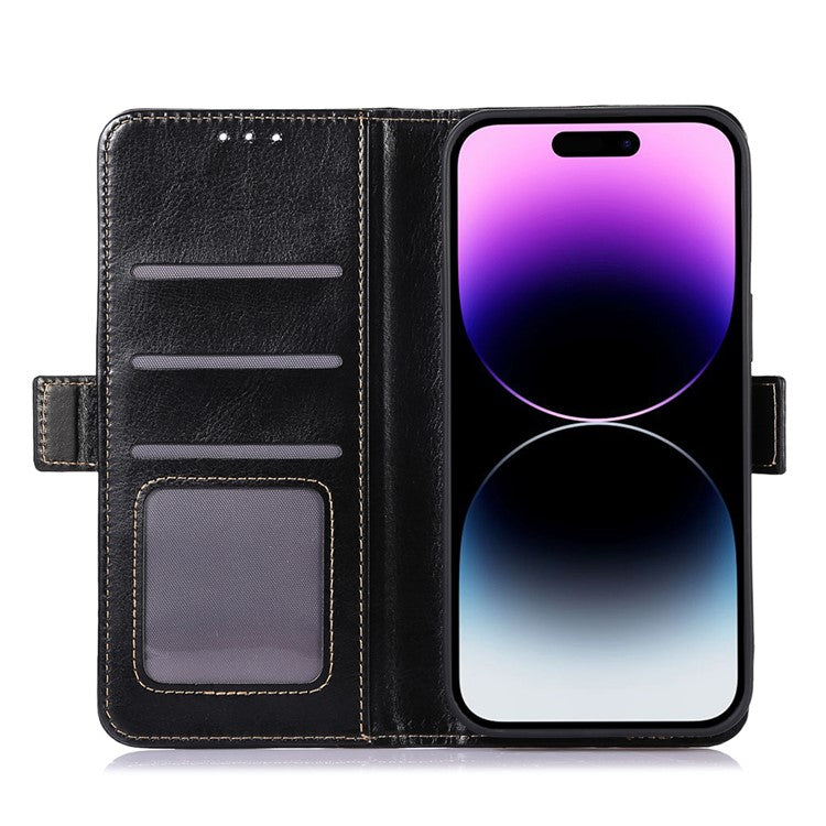 ABEEL For iPhone 16 Pro Case Wallet PU Leather Crazy Horse Texture Phone Cover - Black