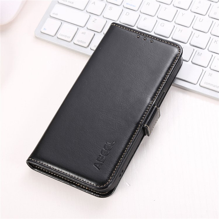 ABEEL For iPhone 16 Pro Case Wallet PU Leather Crazy Horse Texture Phone Cover - Black