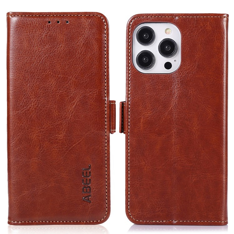 ABEEL For iPhone 16 Pro Case Wallet PU Leather Crazy Horse Texture Phone Cover - Brown